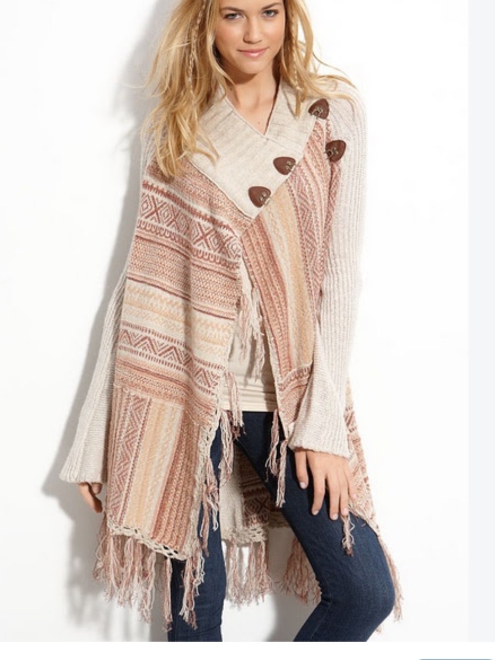 Free People Boho Knit Fringe Wool Blend  Turtleneck Sweater